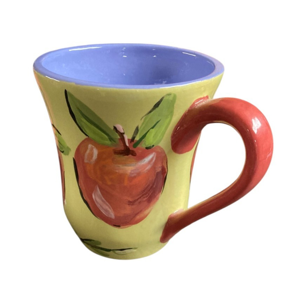 Droll Designs Red Apple Mug Pottery Hand Painted Purple Signed 2004